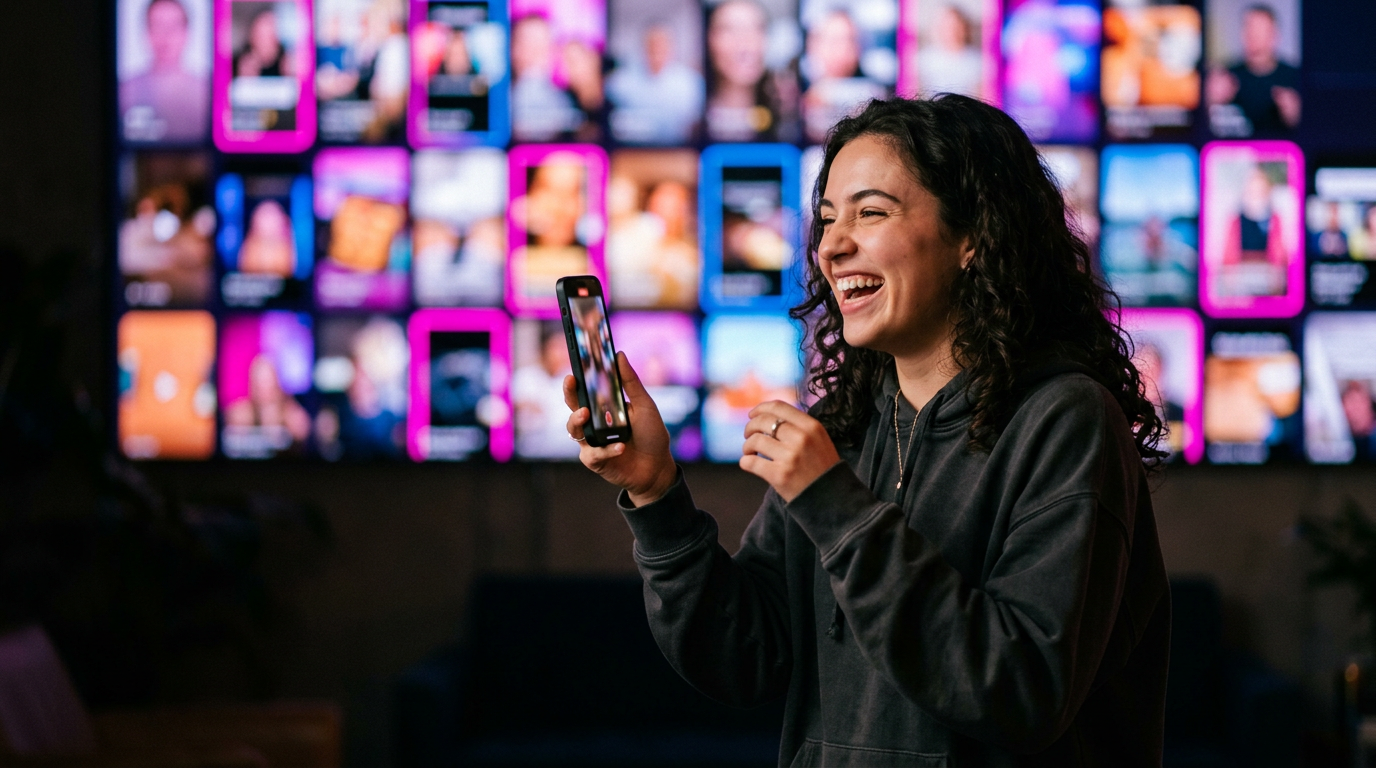 A person laughing at their phone in front of a wall of video thumbnails